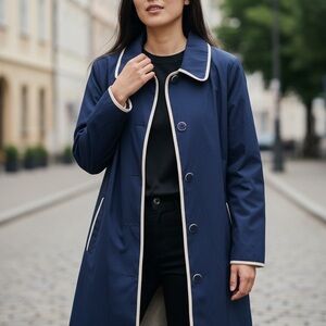 Dennis Basso - Classic Navy Blue Trench Coat Grey Piping